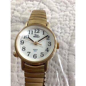 Timex Indiglo Quartz Watch*Gold Steel Expansion Band White Dial*Needs Battery